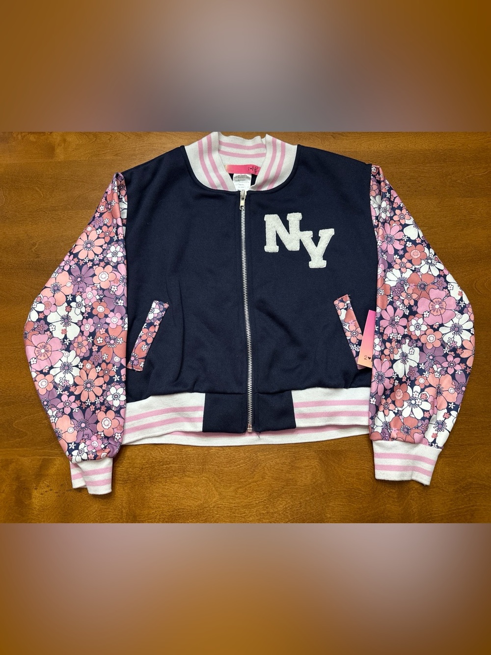 Girls NY Floral Sleeve Zip Up Bomber Jacket Navy Pink Size 12 NWT